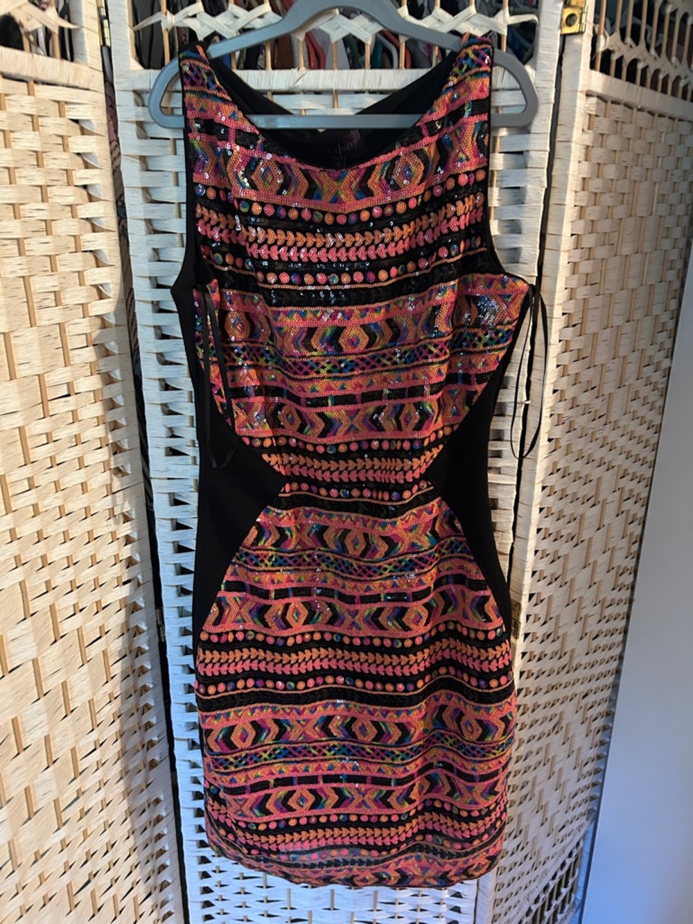 Hale Bob Black Mini Dress with Multicolor Sequin Tribal Pattern
